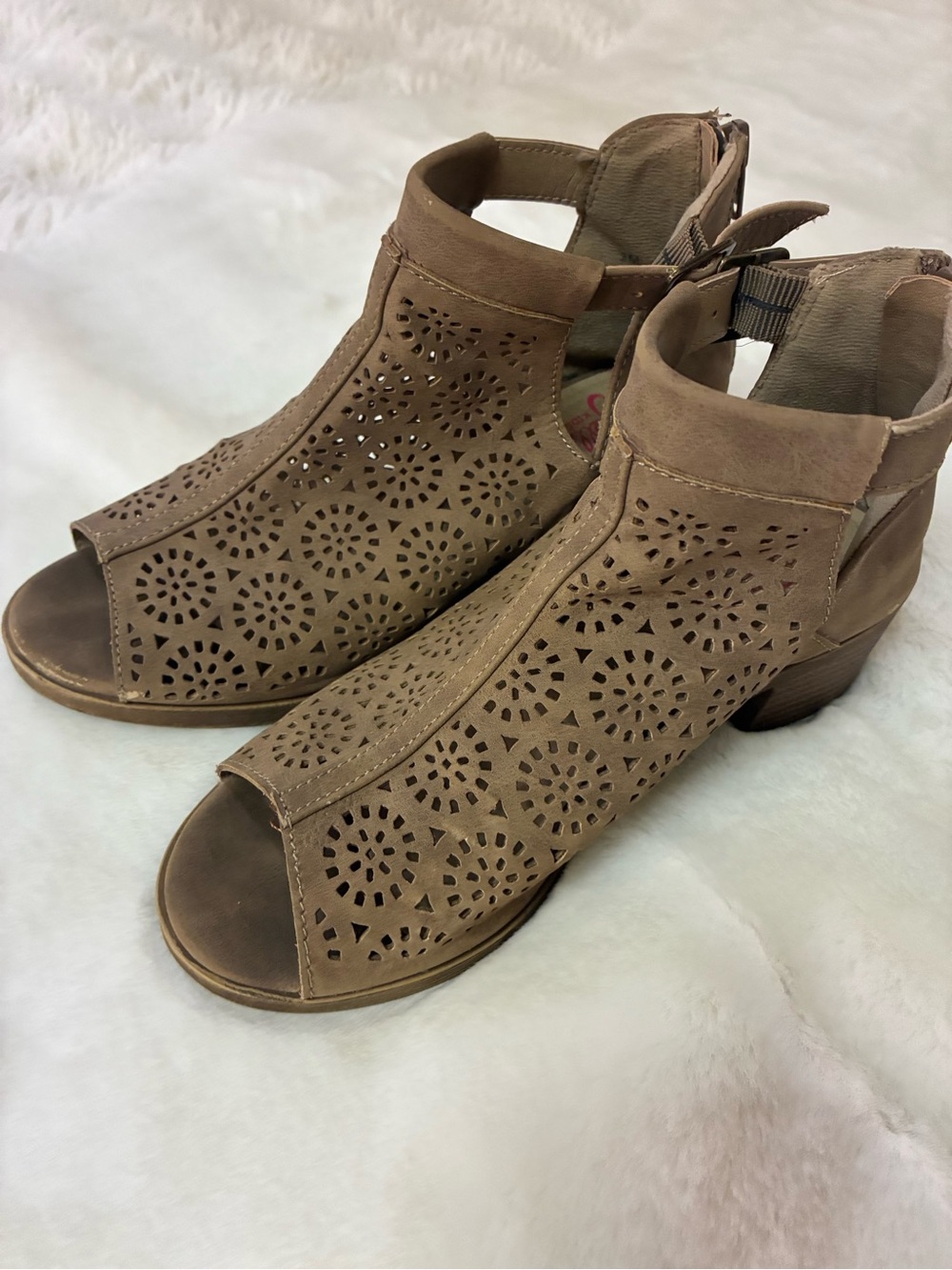 Jellypop Taupe Laser-Cut Peep-Toe Ankle Heels